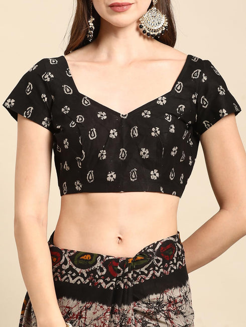 Vasthrlay Cotton Printed Mulmul Black Saree