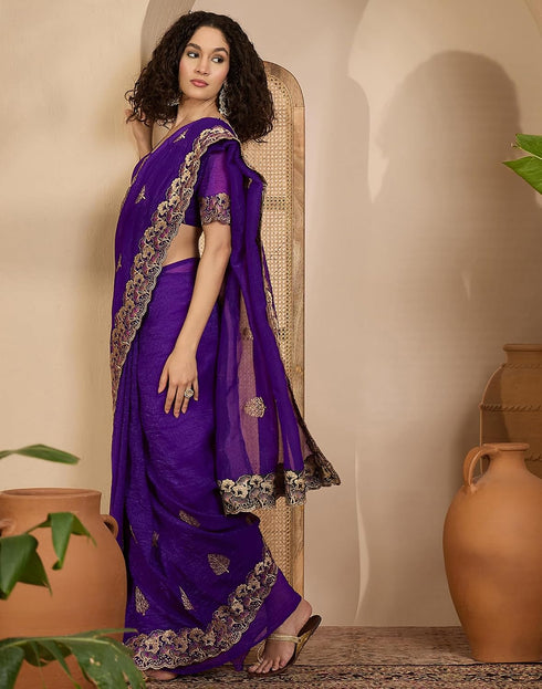 Vasthrlay Embroidery Scalloped Purple Saree With Unstitched Blouse Piece