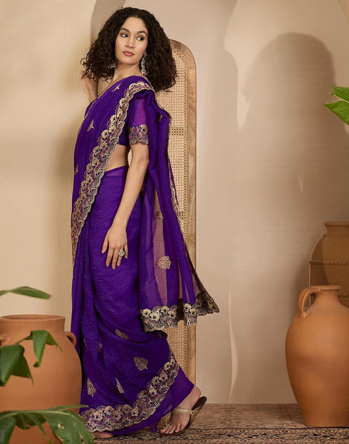 Vasthrlay Embroidery Scalloped Unstitched Maroon Saree
