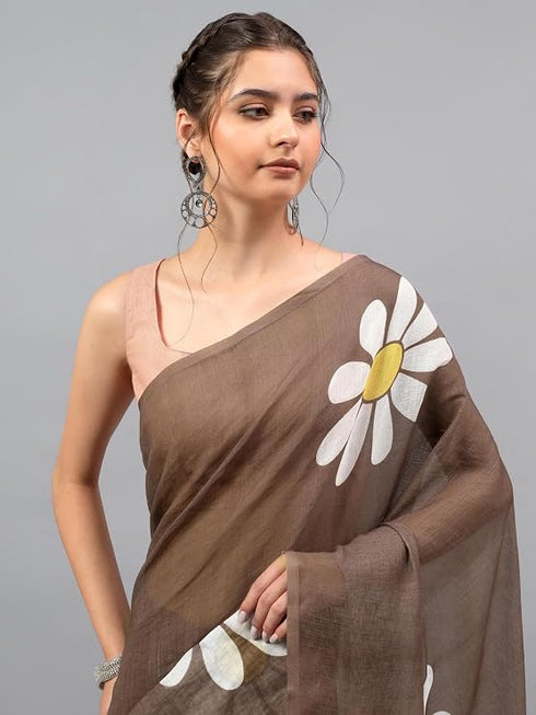 Vasthrlay Brown Linen Floral Printed Saree With Solid Unstitched Linen Blouse Piece