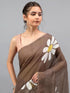 Vasthrlay Brown Linen Floral Printed Saree With Solid Unstitched Linen Blouse Piece