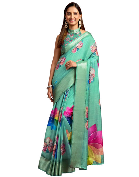 Vasthrlay Printed Jacquard Unstitched Rama Green Saree