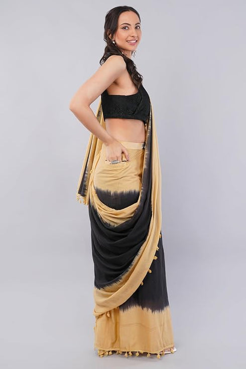 Vasthrlay Womens Beige And Black Cotton Ready To Wear Saree