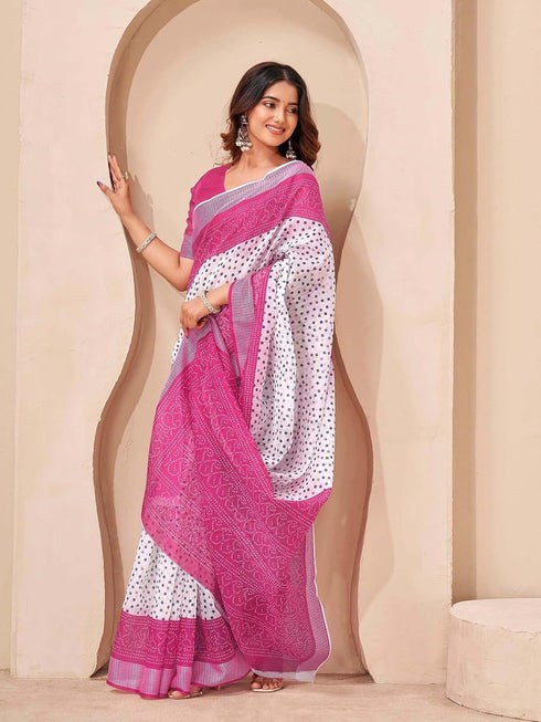 Vasthrlay Bandhani Embroidery Unstitched White Saree