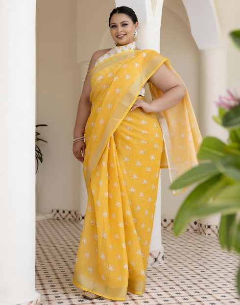 Vasthrlay Womens Printed Yellow Saree With Unstitched Blouse Piece