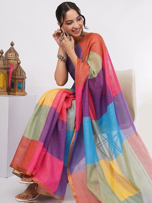 Vasthrlay Multicolour Linen Floral| Striped| Check Design Printed Saree With Solid Unstitched Linen Blouse Piece