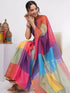 Vasthrlay Multicolour Linen Floral| Striped| Check Design Printed Saree With Solid Unstitched Linen Blouse Piece
