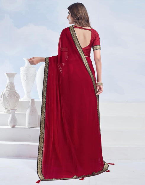 Vasthrlay Georgette Boarder Unstitched Red Saree