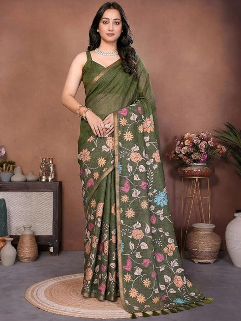 Vasthrlay Multicolour Floral Linen Saree With Solid Black Unstitched Blouse
