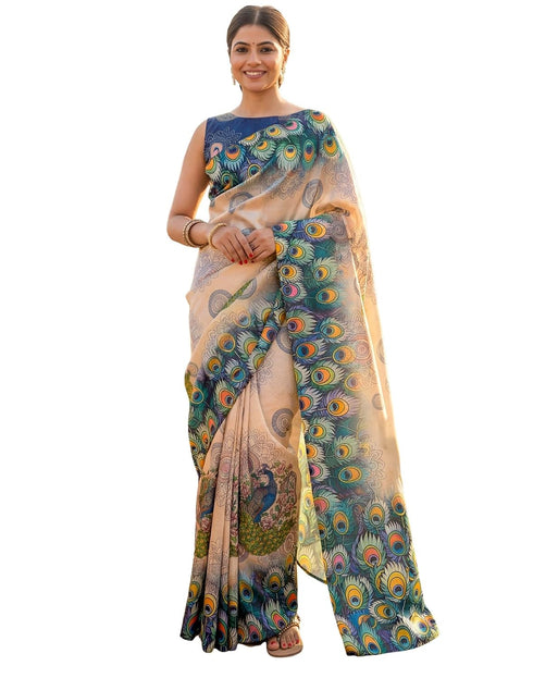 Vasthrlay Womens Printed Peach | Multi Saree With Unstitched Blouse Piece