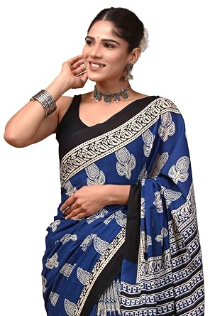 Vasthrlay Moda Hand Block Ajrakh Print Cotton Blue Saree With Blouse