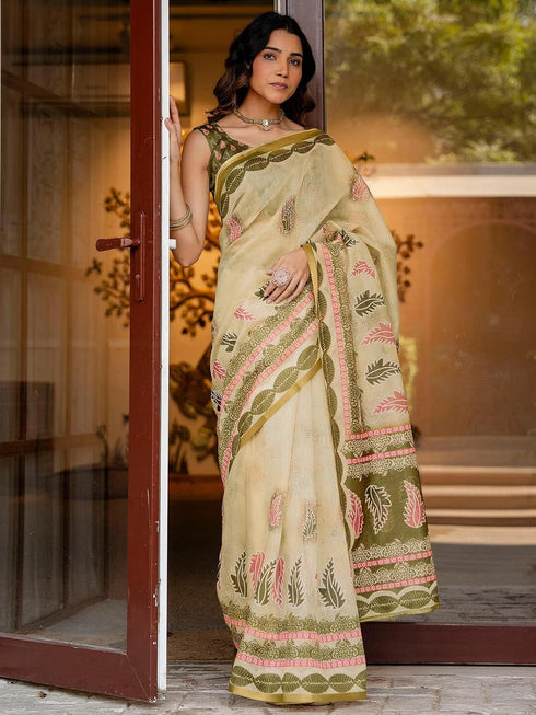 Vasthrlay Womens Printed Blue Saree With Unstitched Blouse Piece