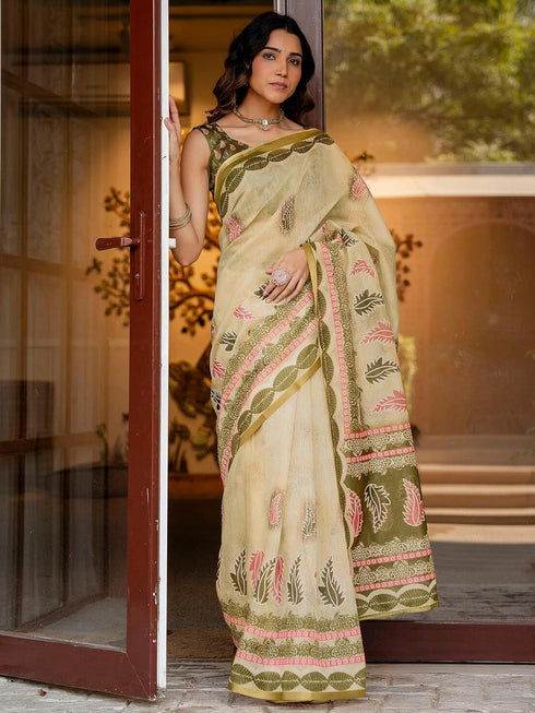 Vasthrlay Womens Printed Unstitched Multicolor Saree