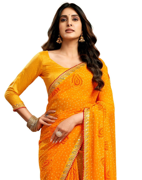 Vasthrlay Georgette Traditional Dark Green Saree With Unstitched Blouse Piece