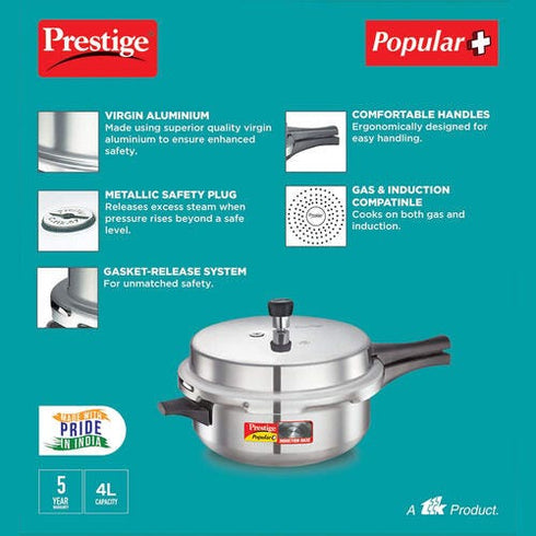 Prestige Popular Plus Virgin Aluminium Gas And Induction Compatible Junior Deep Pan Pressure Cooker 4 L Silver