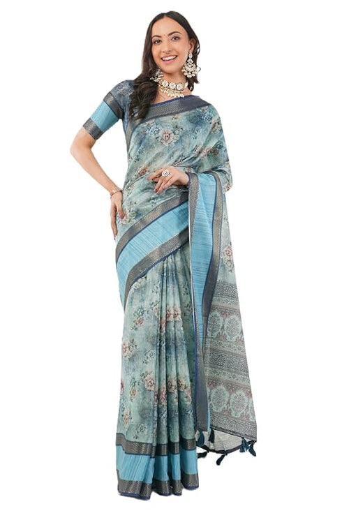 Vasthrlay Cerulean Blue Patchwork Print Polyester Saree With Zari Border And Unstitched Blouse Piece