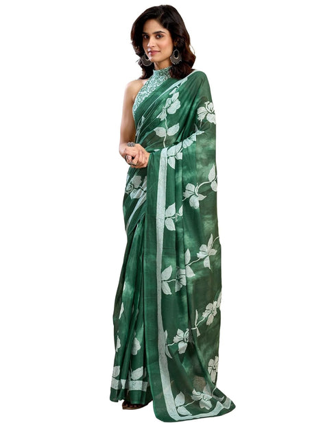 Vasthrlay Womens Printed Unstitched Dark Green Saree