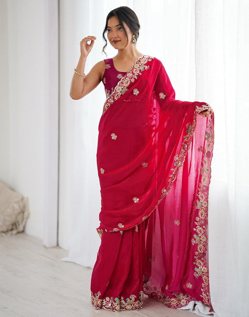 Vasthrlay Scalloped Embroidery Unstitched Red Saree