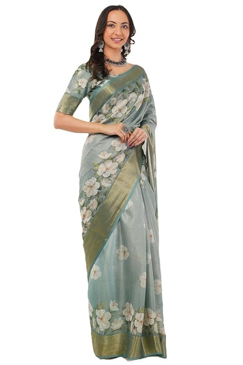 Vasthrlay Sea Green Textured Polyester Saree With Kalamkari Floral Border And Ruched Unstitched Blouse Piece