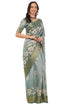 Vasthrlay Sea Green Textured Polyester Saree With Kalamkari Floral Border And Ruched Unstitched Blouse Piece