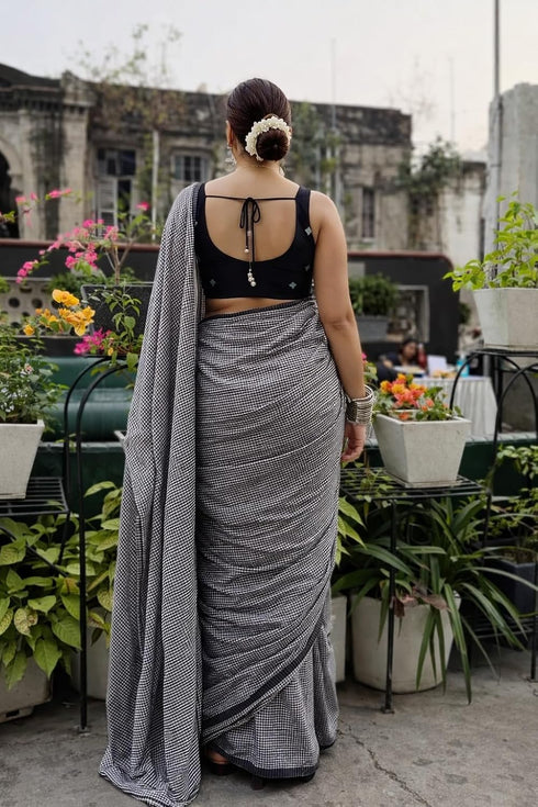 Vasthrlay Elegant Linen Saree Grey Micro Check Pattern Lightweight for Office & Casual Wear