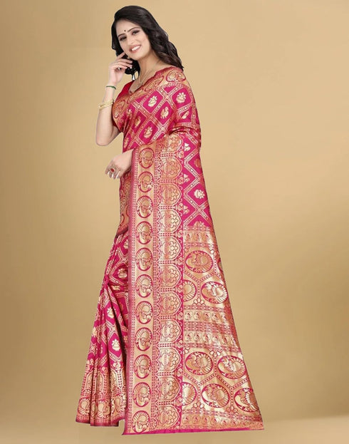 Vasthrlay Banarasi Jacquard Rani Pink | Golden Saree With Unstitched Blouse Piece