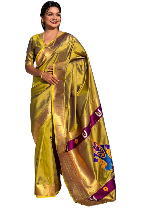 Vasthrlay Kanjivaram Paithani Unstitched Mahendi Ethnic Wear