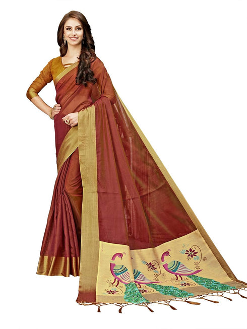 Vasthrlay Cotton Jari Digital Brown Gold Ethnic Wear