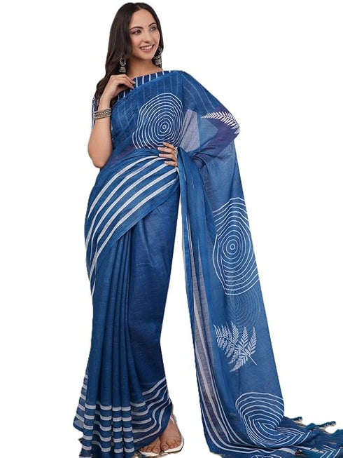 Vasthrlay Blue2 Linen Floral | Striped | Check Design Printed Saree With Solid Unstitched Linen Blouse Piece