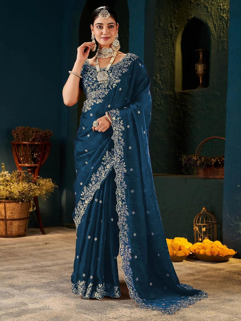 Vasthrlay Scalloped Embroidery Unstitched Rani Pink Saree