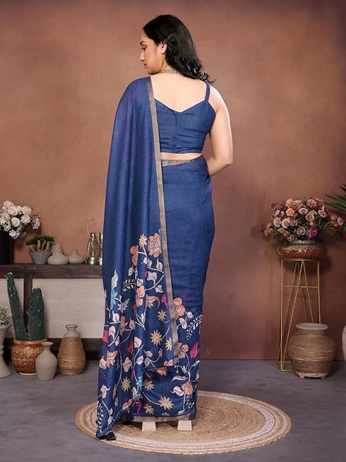 Vasthrlay Blue Floral Print Ready To Wear Linen Saree