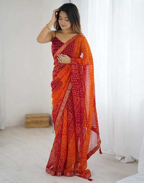 Vasthrlay Chiffon Bandhani Red Saree With Unstitched Blouse Piece