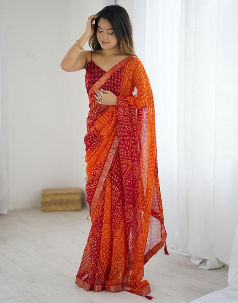 Vasthrlay Chiffon Bandhani Unstitched Red Saree