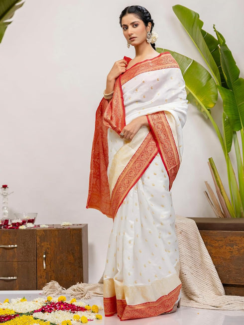 Vasthrlay Special Weaving Unstitched White Saree