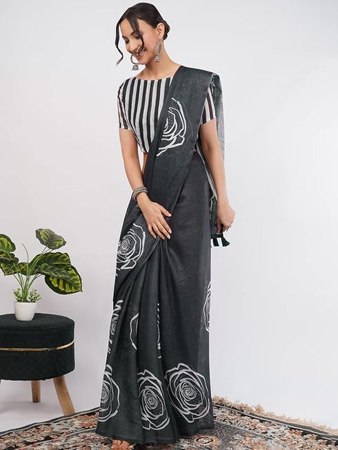 Vasthrlay Black1 Printed Linen Saree With Unstitched Blouse Piece