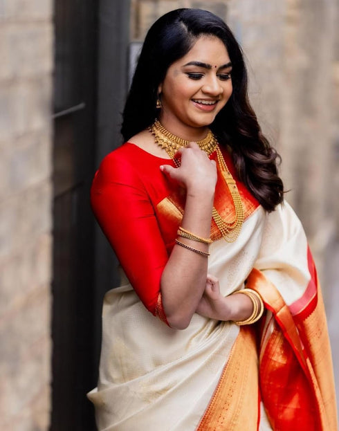 Vasthrlay Jacquard Kanjivaram Unstitched Cream Saree