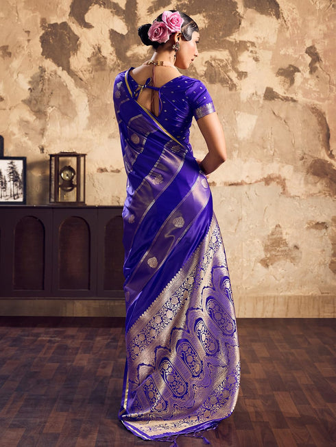 Vasthrlay Vasthrlaywomensbluesatinethnicmotifprinttasselsandlatkanssareewithunstitchedblousepiece Sareeforwoman Designersareeforwomen Rj Ethnic Wear