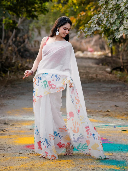 Vasthrlay Womens Printed Unstitched Off White Saree