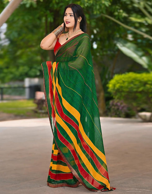 Vasthrlay Chiffon Printed Green1 Saree With Unstitched Blouse Piece