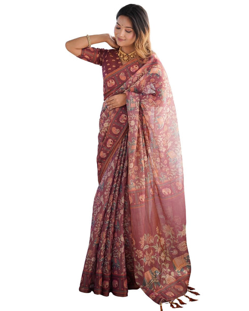 Vasthrlay Handloom Cotton Grey Green Traditional Tassels Saree