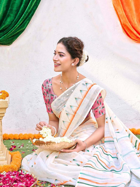 Vasthrlay Tricolor Printed White1 White Saree