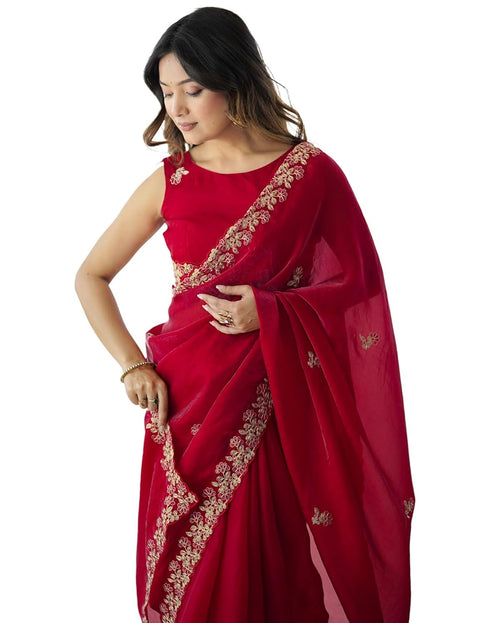 Vasthrlay Scalloped Embroidery Unstitched Rani Pink Saree