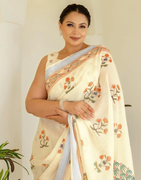 Vasthrlay Womens Printed Unstitched Off White Saree