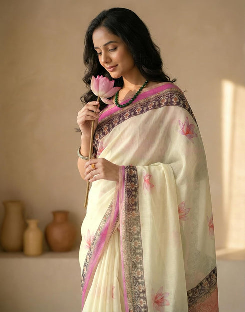 Vasthrlay Womens Printed Unstitched Peach Saree