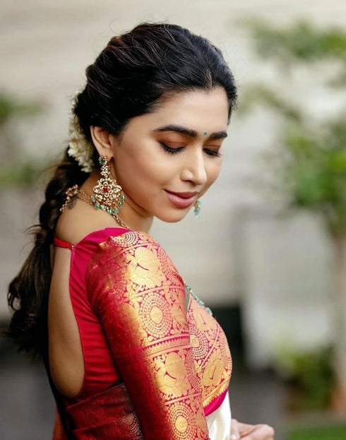 Vasthrlay Banarasi Jacquard Unstitched Off White Saree