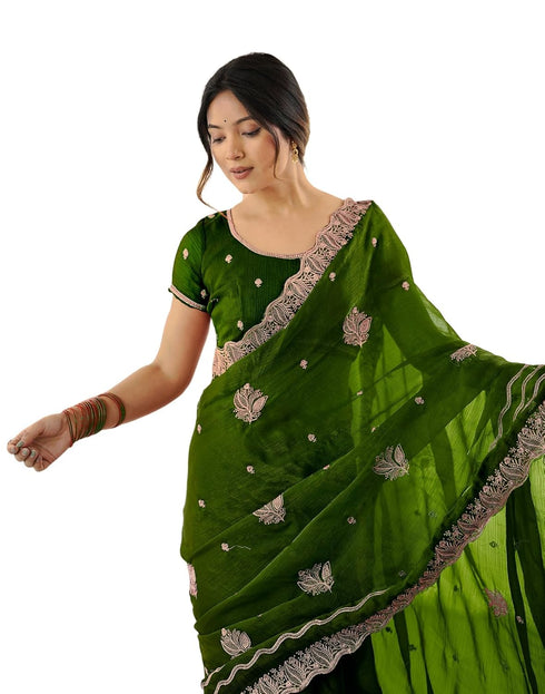 Vasthrlay Scalloped Embroidery Unstitched Lime Green Saree