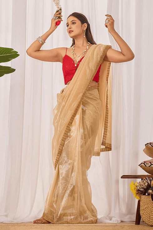 Vasthrlay Beige Womens Shimmer Ready To Wear Saree
