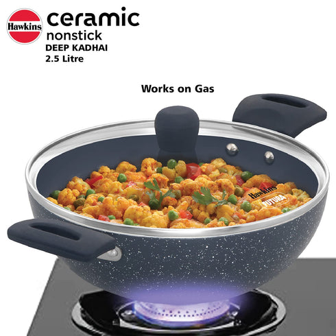 Hawkins Ceramic Nonstick 2.5 Litre Deep Kadhai