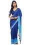 Vasthrlay Blue Striped | Floral | Solid Print Design Linen Saree With Solid Unstitched Linen Blouse Piece