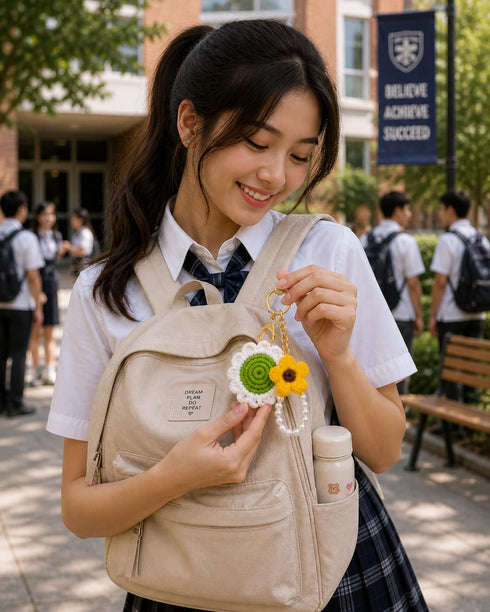 Handmade Crochet Sunflower with Daisy Keychain and Pearl Loop